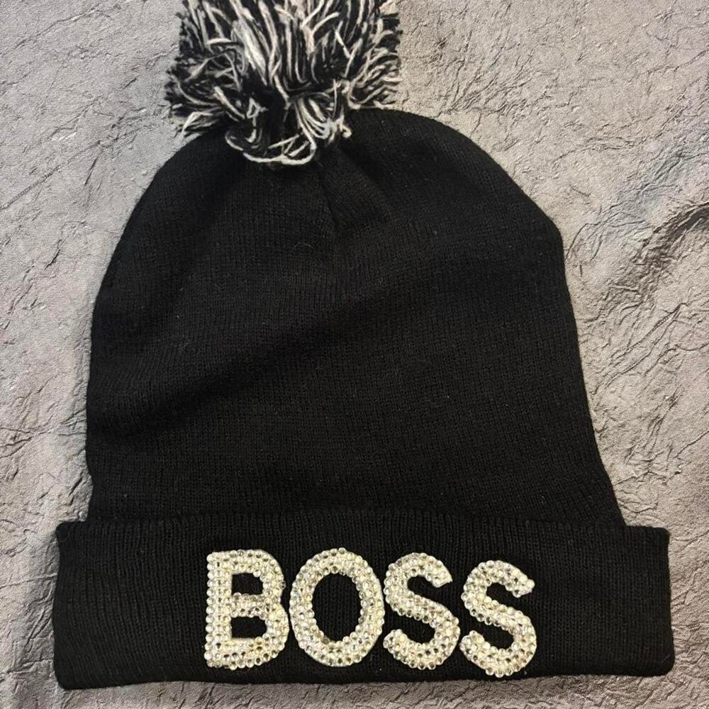 Black beanie with white rhinestone